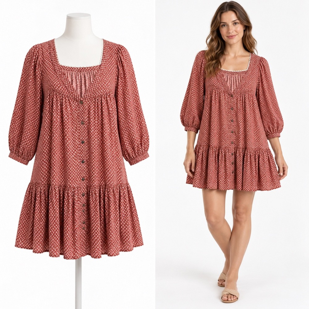 Holding Horses Dress Womens M Red Geometric Boho Tiered Button Front 3/4 Sleeve